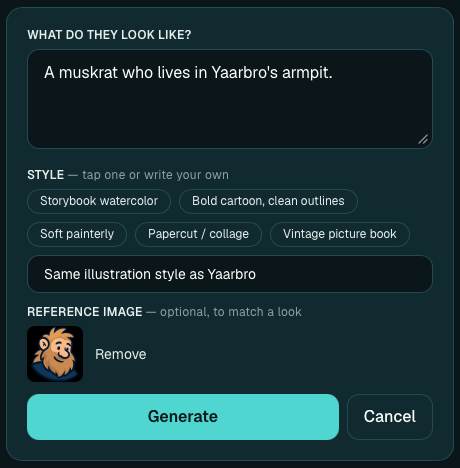Generating a character portrait: describe them, pick a style, add an optional reference image, and generate