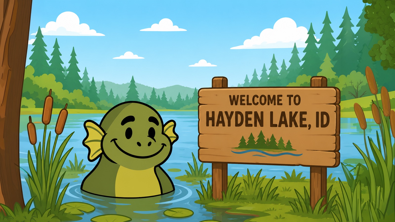 Edmonds the swamp creature in the water beside a Welcome to Hayden Lake, ID sign