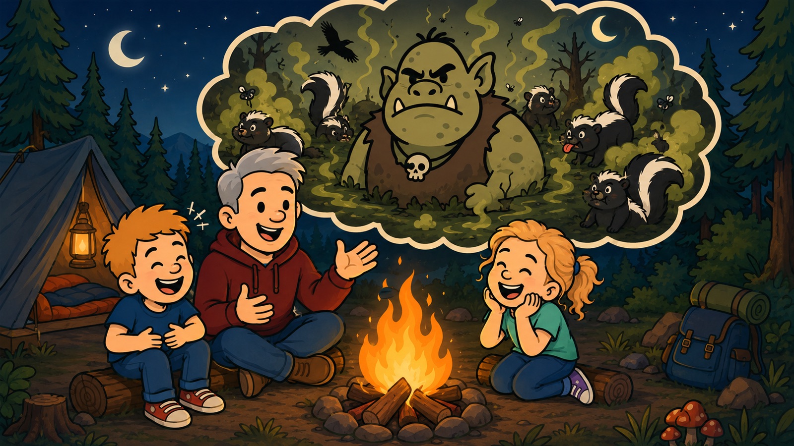 A dad and two kids at a campfire, telling a story of Digglesworth the ogre and his skunks