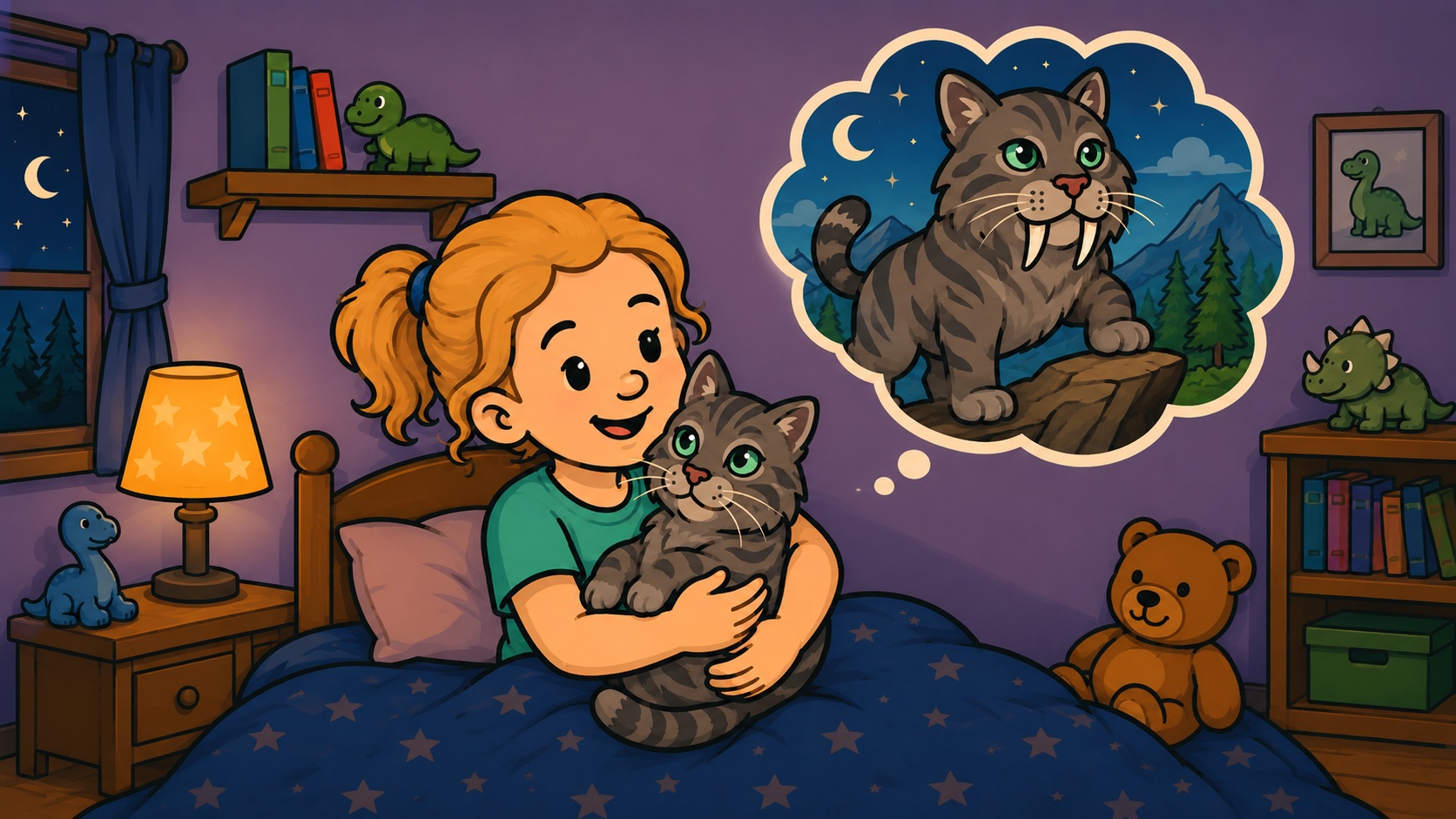 A child hugging her cat, imagining it as a mighty saber-tooth adventurer in a thought bubble