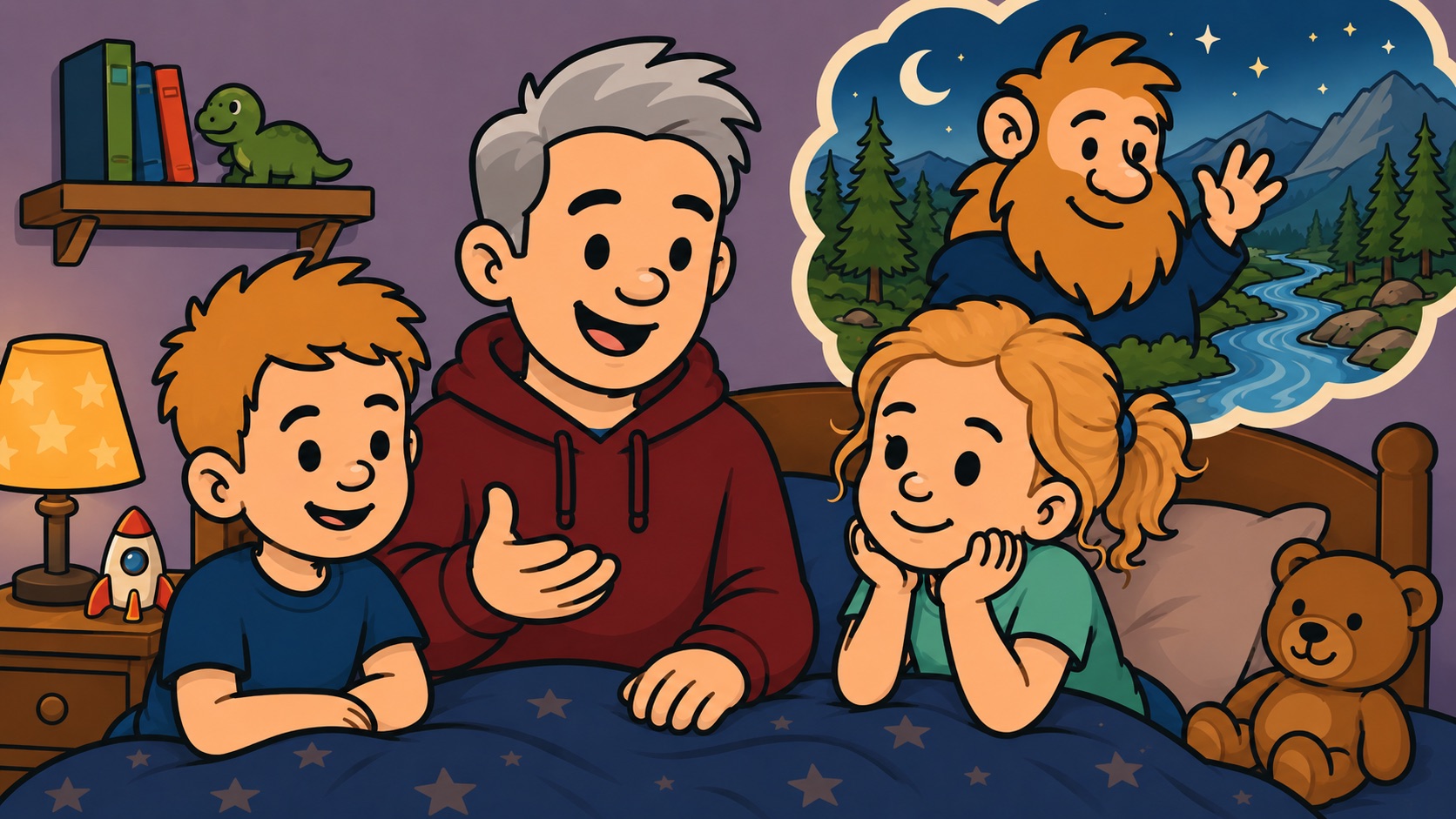 A dad telling a bedtime story to two children, the giant Yaarbro alive in the thought bubble above them