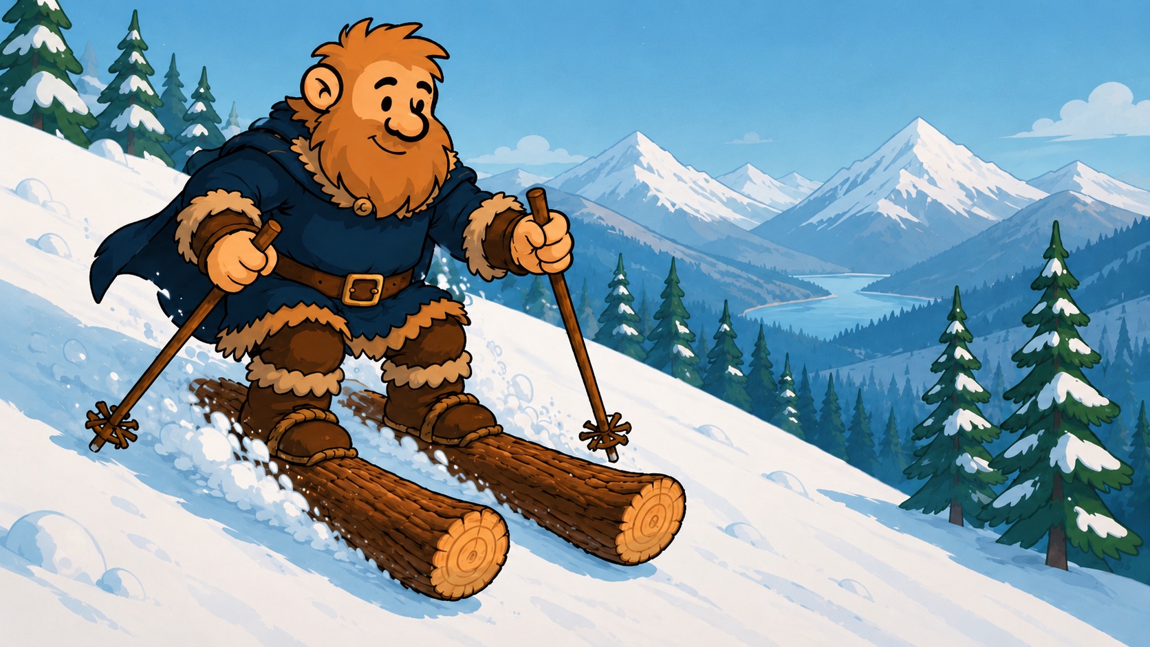Yaarbro the giant skiing the Selkirks on skis carved from whole ponderosa pines