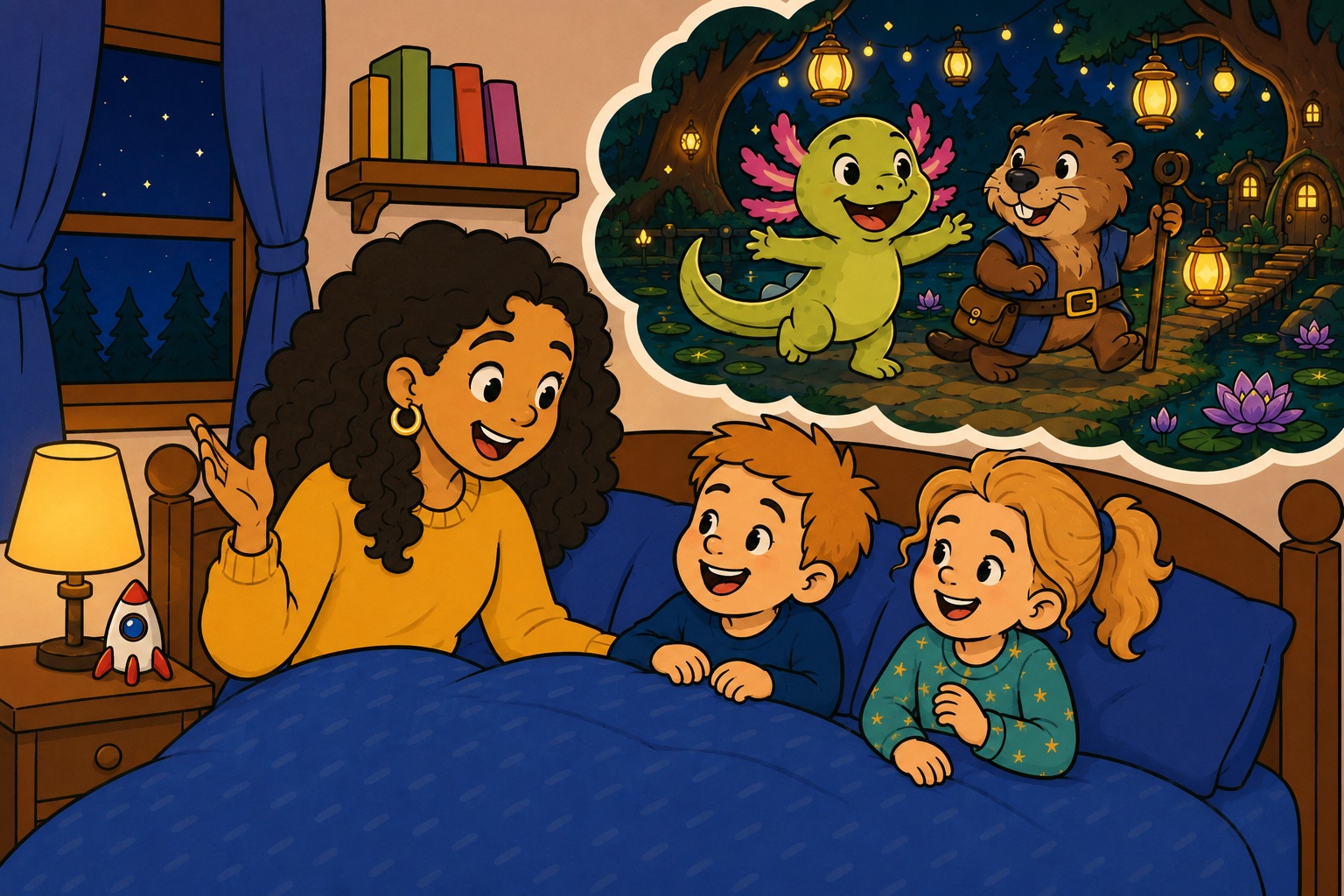 A parent telling a bedtime story to two children, the family's own invented heroes adventuring in a lantern-lit forest in the thought bubble above them